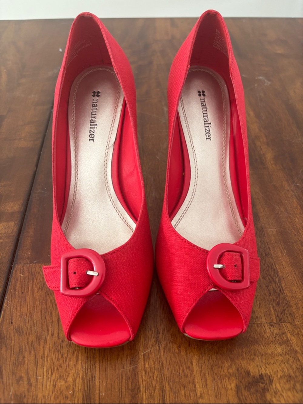 Naturalizer Red Peep-Toe Pumps with Buckle Accent